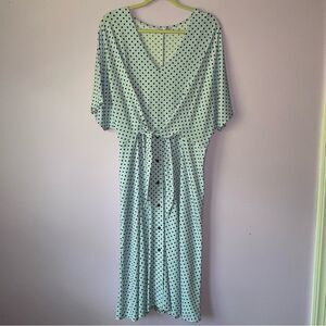 Dex Size XL Blue Polka Dot Midi Dress Tie Front V Neck Button Up